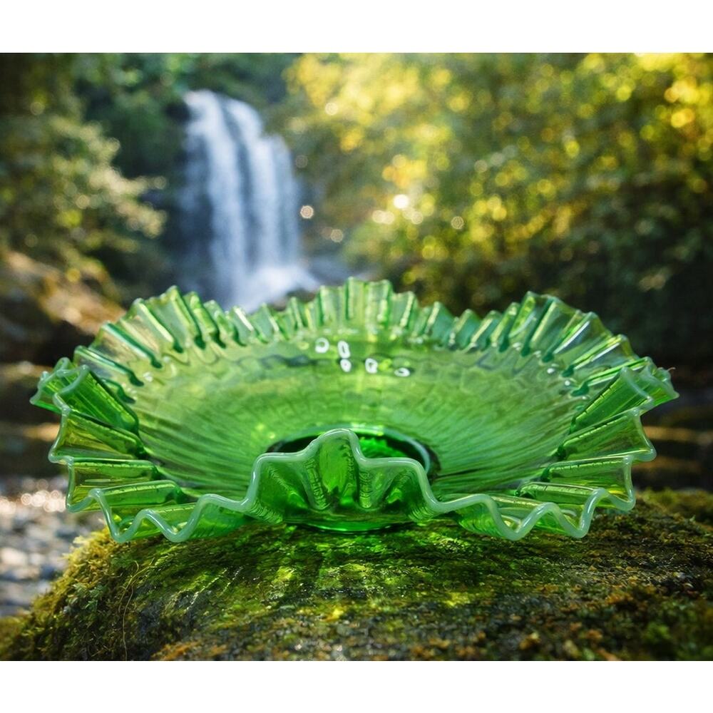 Vintage Green Opalescent Art Glass Bowl with Crimped Ruffled Rim 11.5" Wide